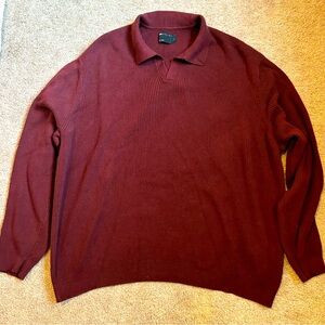 Rib knit oversized johnny collar polo maroon sweater